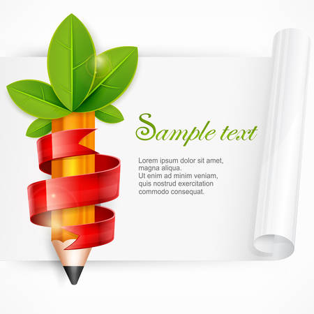 Creative pencil with green leaves and red ribbon, vector illustrationのイラスト素材