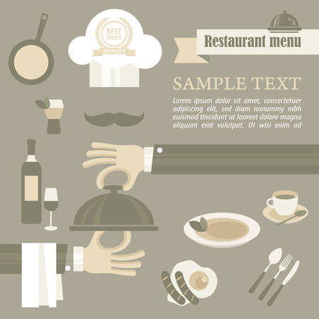 Chef concept, waiter hand opening tray of food, vector illustrationのイラスト素材