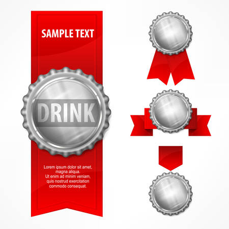 Metallic bottle caps with red ribbon on white background, vector illustrationのイラスト素材