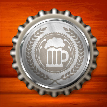 Metallic bottle cap with beer mug & wreath on wooden, vector illustrationのイラスト素材