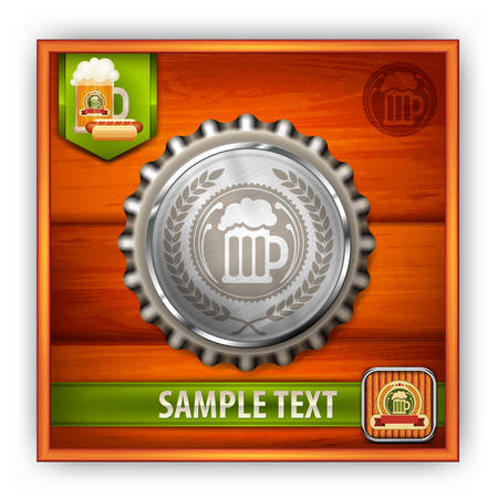 Metallic bottle cap with beer mug & wreath on wooden, vector illustrationのイラスト素材