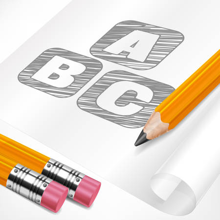 Wooden pencils and letters symbol on paper sheet, vector illustrationのイラスト素材