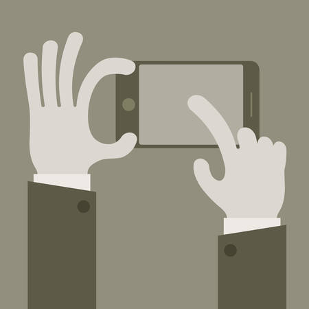 Touch mobile screen in hand concept in grey, vector illustrationのイラスト素材