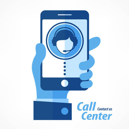 Mobile in hand, call center vector illustration in blueのイラスト素材
