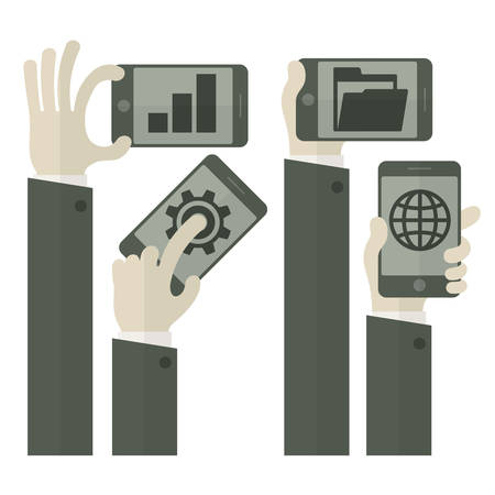 Team business concept, hands with tablets & phones, vector illustrationのイラスト素材