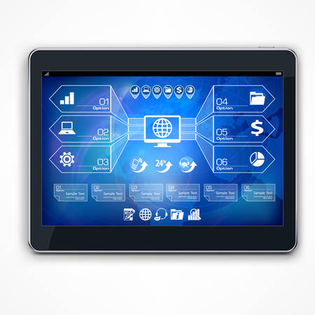 Infographic elements on tablet screen in blue, vector illustrationのイラスト素材