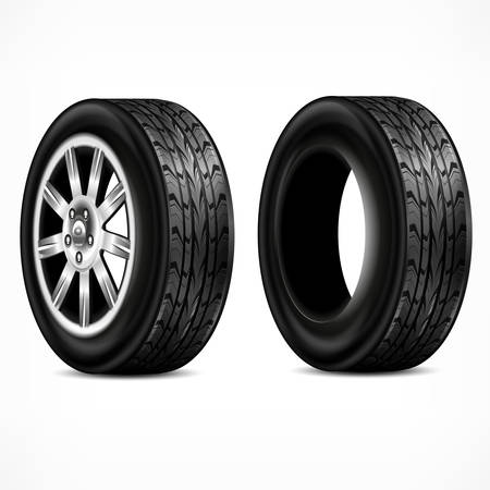 New rubber tire and metalic wheel on white background. Tyres and wheels for racing concept. Vector illustrationのイラスト素材