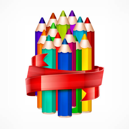 Color rainbow wooden pencils and ribbon, set of pencil for school and office, colored crayons concept, illustrationのイラスト素材