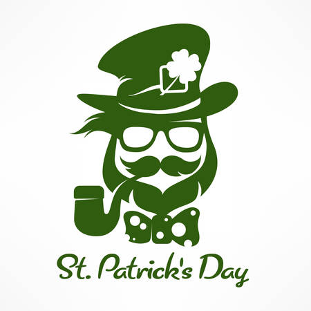 Saint Patrick's Day hipster leprechaun with pipe, beard, hat and clover. Irish modern leprechaun face in green & text. Vector illustrationのイラスト素材