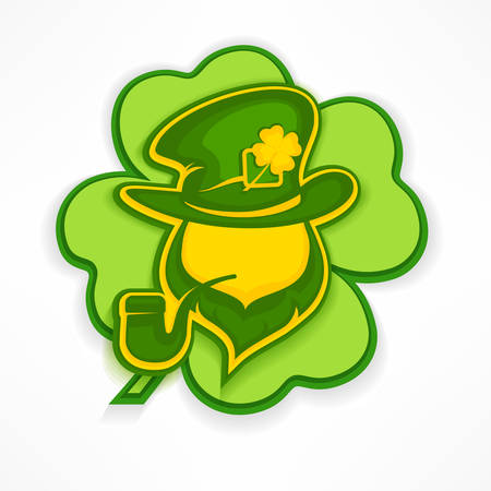 Saint Patrick's Day leprechaun with pipe, beard, hat and clover. Irish modern leprechaun face on green. Vector illustrationのイラスト素材