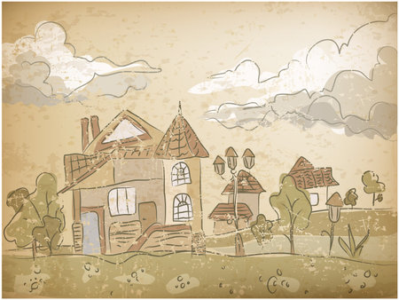 Child hand drawing retro landscape with house in pastel color, doodle style house paint, vector illustrationのイラスト素材