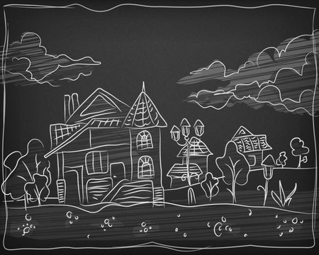 Child chalk hand drawing landscape with house on blackboard, doodle style house paint, vector illustrationのイラスト素材
