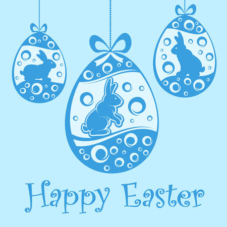 Hanging Easter eggs and rabbit in blue. Ornament eggs for Easter holiday design& lettering. Vector illustrationのイラスト素材