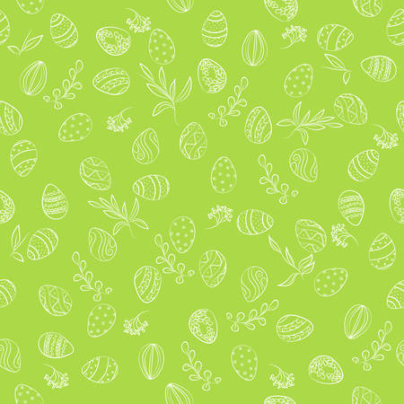 Easter eggs & floral pattern. Easter seamless pattern with eggs ornamental. Easter holiday green background, hand drawn vector illustrationのイラスト素材