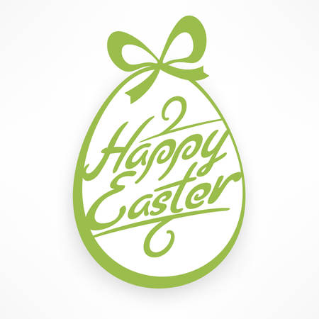 White Easter egg with green lettering & bow, happy easter hand drawn illustration, vector design elementのイラスト素材