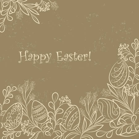 Easter frame with easter eggs and plants, hand drawn  grange background. Vector illuastrationのイラスト素材