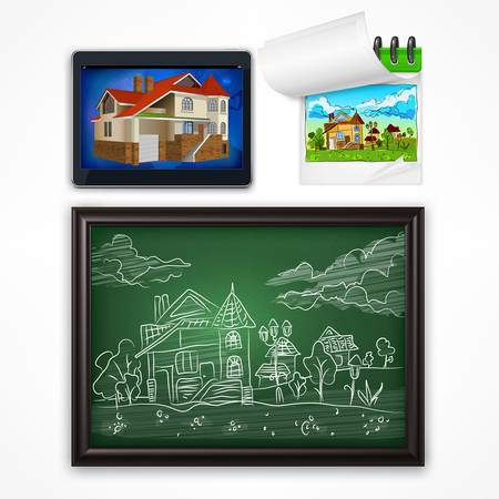 Child chalk hand drawing landscape with house on blackboard and doodle style house project, vector illustrationのイラスト素材