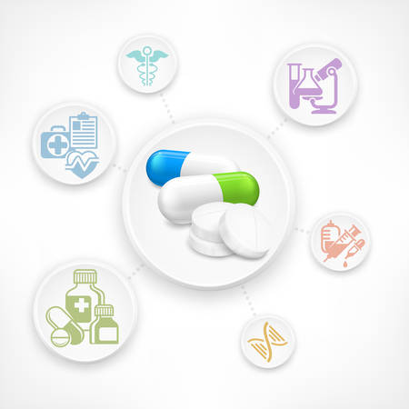 Medical color infographic with medicine signs in circle elements for hospital presentation, vector illustrationのイラスト素材
