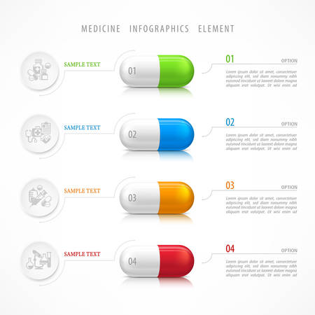 Medical pill infographic with medicine template icons and text for hospital and pharmacy presentation, vector illustration on whiteのイラスト素材