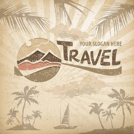 Travel logo, pastel round symbol with stylized landscape and text, concept sign for travel agency, vector illustrationのイラスト素材