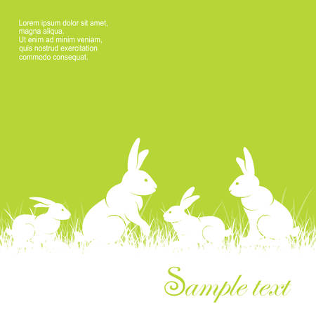 Rabbits in grass & text, different rabbits silhouette on green background, animal vector illustration for farm and ranchのイラスト素材