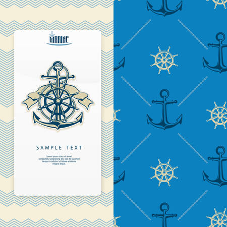 Nautical banner, anchor with rope, steering wheel & ribbon, vector marine illustrationのイラスト素材
