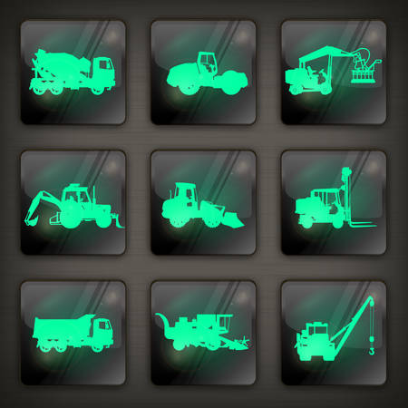 Agricultural machinery icons, industrial machinery silhouette on dark, vector illustrationのイラスト素材