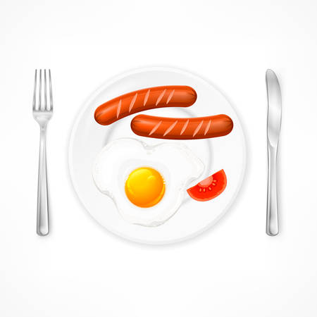 Breakfast, fried egg and sausages on plate with tomatoes, vector illustrationのイラスト素材