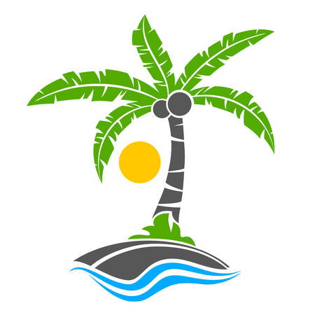 Tropical palm trees with green leaves and coconuts with sun. Vector illustrationのイラスト素材
