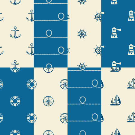 Nautical background collection, seamless white blue pattern, vector marine illustrationのイラスト素材