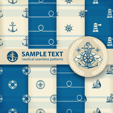 Nautical background set, seamless white blue pattern and anchor symbols, vector marine illustrationのイラスト素材