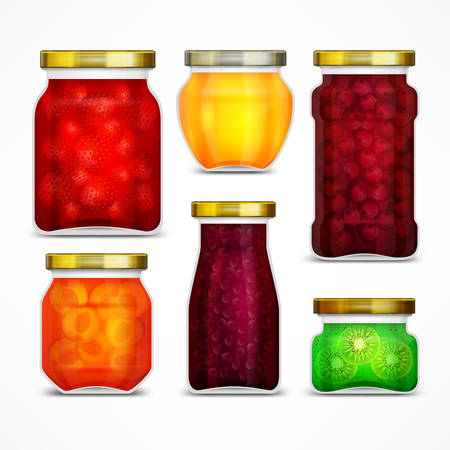 Natural fruit jam preserves jars with strawberry, cherry, apricot, kiwi and honey, vector illustrationのイラスト素材