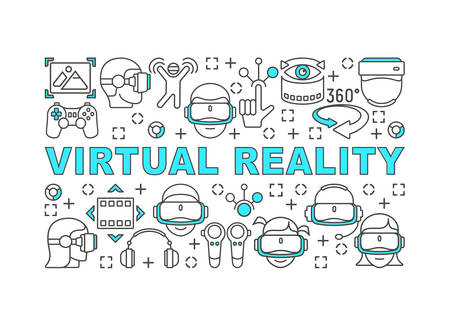 Stylish design poster with virtual reality icon images and blue text, vector illustrationのイラスト素材