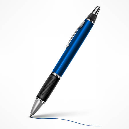 Blue tilt pen with writing line on paper, isolated pen on white, vector illustration.のイラスト素材