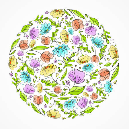 Floral hand draw card, colorful flower circle on white background, vector illustrationのイラスト素材
