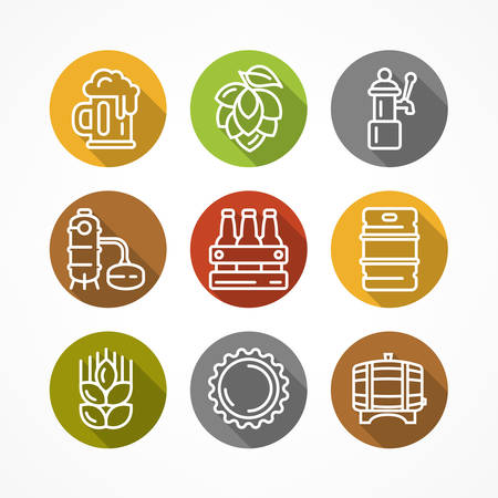 Set of linear beer icons on color circle, vector illustration for craft brewery.のイラスト素材