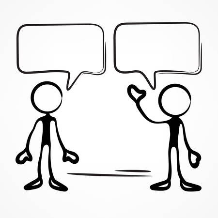 Business meeting, stick figures with dialog speech bubbles on white, vector illustrationのイラスト素材