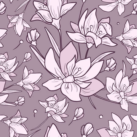Seamless purple pattern with flower, branch and leaves. Hand drawn background, vector illustrationのイラスト素材