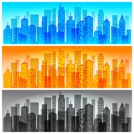 Modern city skyline colored, city building silhouette in night time, vector illustration for flat designのイラスト素材