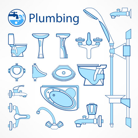 Set of plumbing line icons in blue, vector illustrationのイラスト素材
