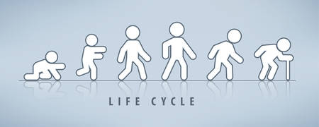 Man lifecycle from birth to old age on grey. Life cycle and aging process. Person growing up from baby to old ageのイラスト素材