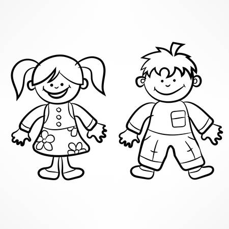 Happy cartoon boy and girl on white. Vector illustration happy figures of funny characters kidsのイラスト素材