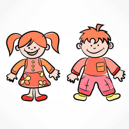 Happy color cartoon boy and girl. Vector illustration happy figures of funny characters kidsのイラスト素材