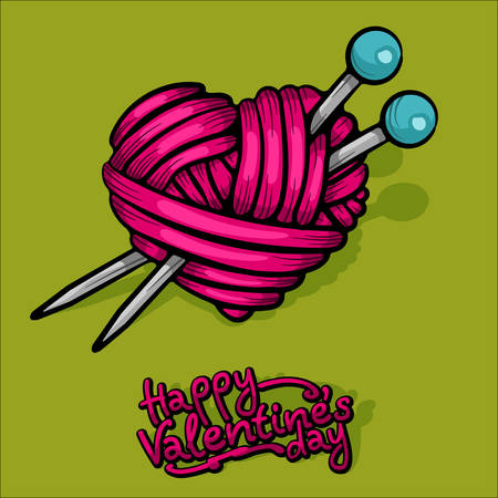 Heart made of red wool yarn with knitting needles, vector illustration for Valentineâs Dayのイラスト素材