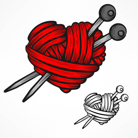 Heart made of red wool yarn with knitting needles on white, vector illustration for Valentineâs Dayのイラスト素材