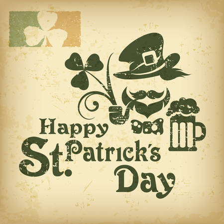 Saint Patricks Day poster with leprechaun, beer, clover and inscription text. Irish holiday design. Vector illustrationのイラスト素材