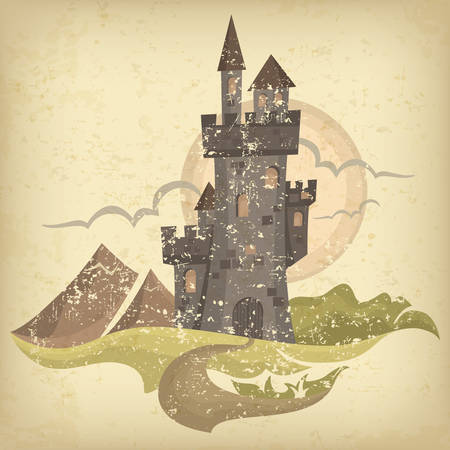 Retro castle color grange sketch, antique royal building.のイラスト素材