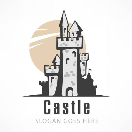 Retro castle logo, antique royal building with sunのイラスト素材