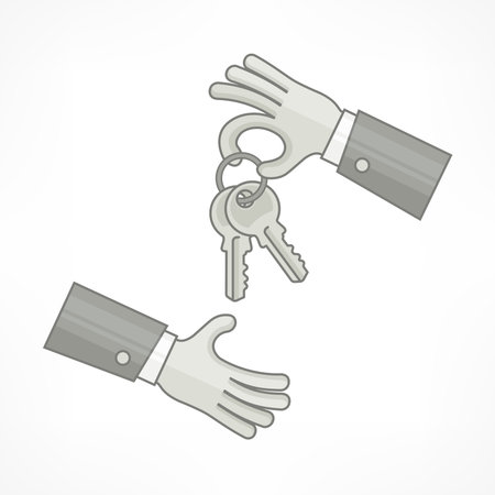 Buying or renting new apartment or car. Hand giving keys, flat style vector illustrationのイラスト素材