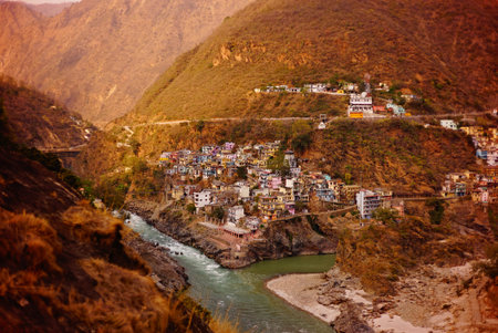 River Ganges flowing among Himalayan moutains near inhabited banks. Rishikesh. India.の写真素材